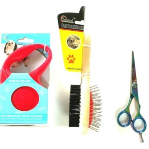 Retractable Dog Leash Double Brush Grooming Hair Scissors Complete Gift Set