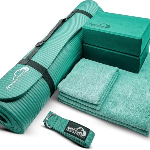 WHITECLOUDZ 7Piece Yoga Kit, Thick Mat, Blocks, Strap, Towels & Bag for Home Workout & Yoga Practice