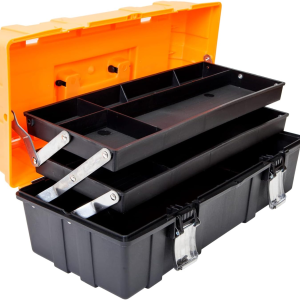 17-Inch Plastic Tool Box,3-Tiers Multi-Function Storage Portable Toolbox Organizer, Black/Orange